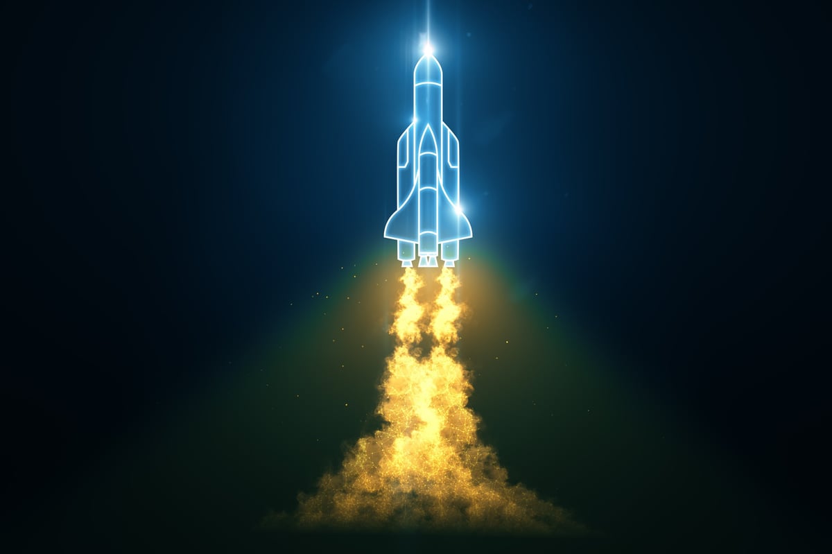 Illustration of a starting rocket with a flame in a neon style on a dark background