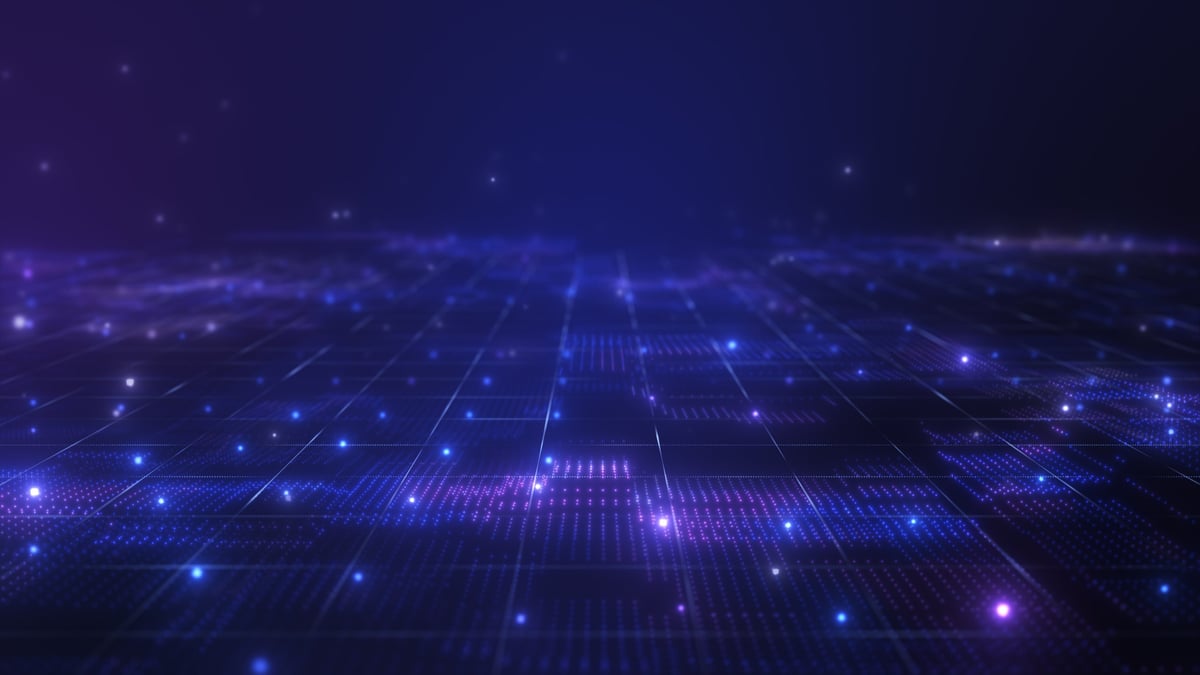 Abstract digital perspective grid with glowing purple and blue particles on dark background.