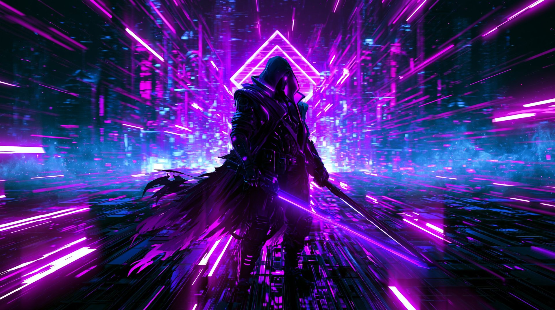 Futuristic neon city with purple and blue glowing lines converging toward a central structure in digital cyberspace