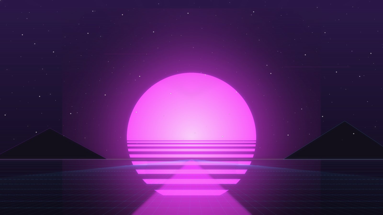 Neon pink sunset with glowing sun on horizon, silhouetted mountains, and starry purple night sky