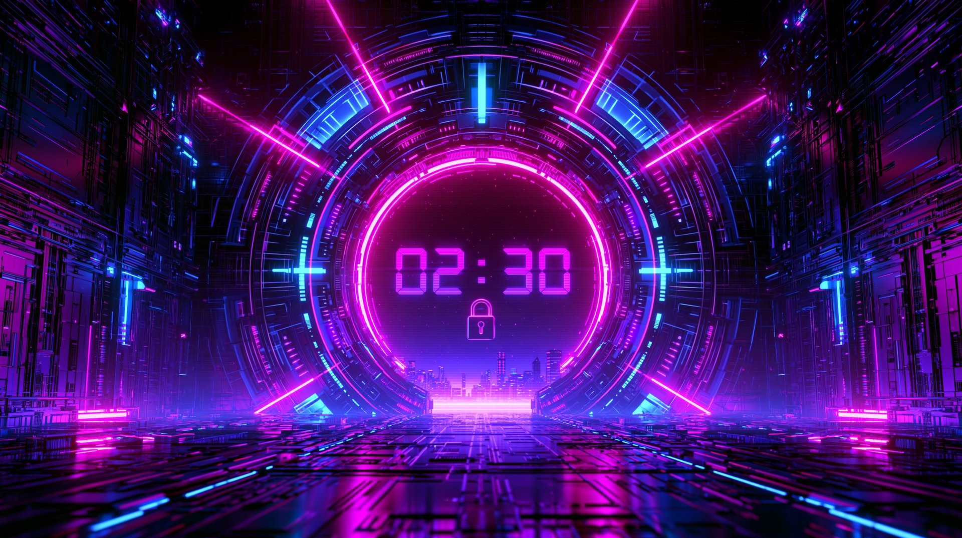 Futuristic neon digital display showing 02:30 time in a vibrant pink and blue tunnel with glowing geometric patterns