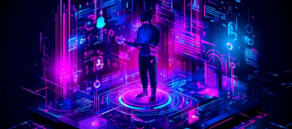 Futuristic 3D holographic city with neon pink and blue lights, featuring a silhouette figure on a glowing platform surrounded by digital technology and circuit patterns
