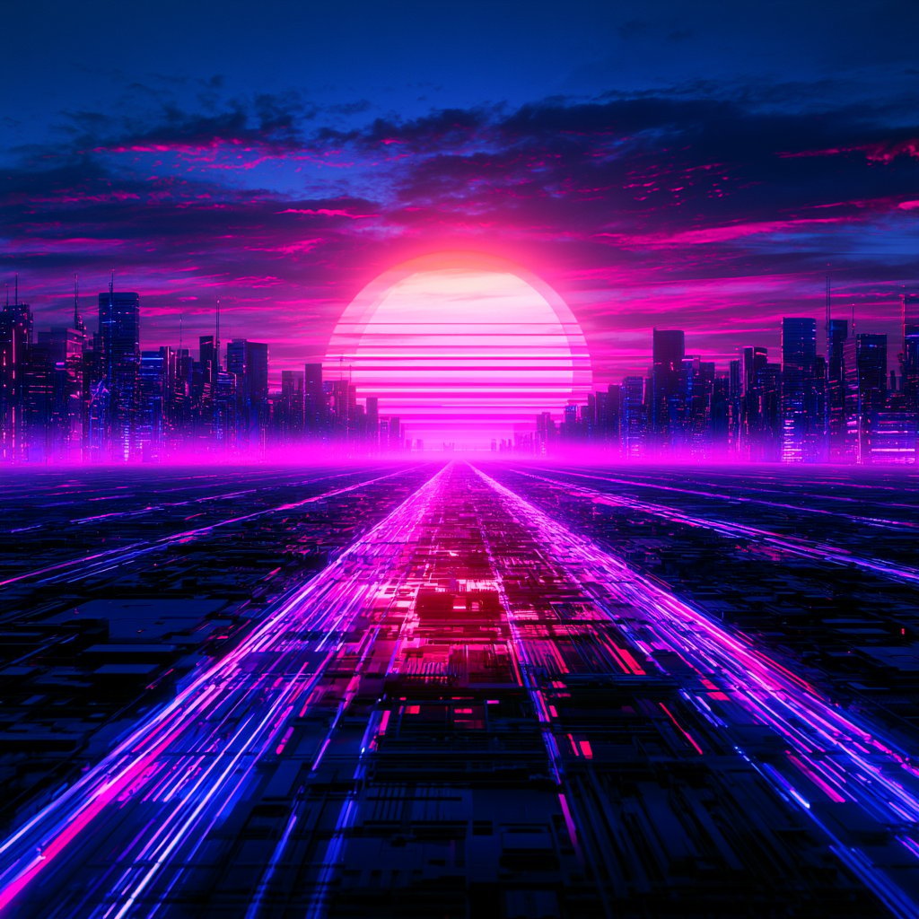 Neon synthwave digital art with glowing purple highway leading to a large sun above a futuristic city skyline at dusk