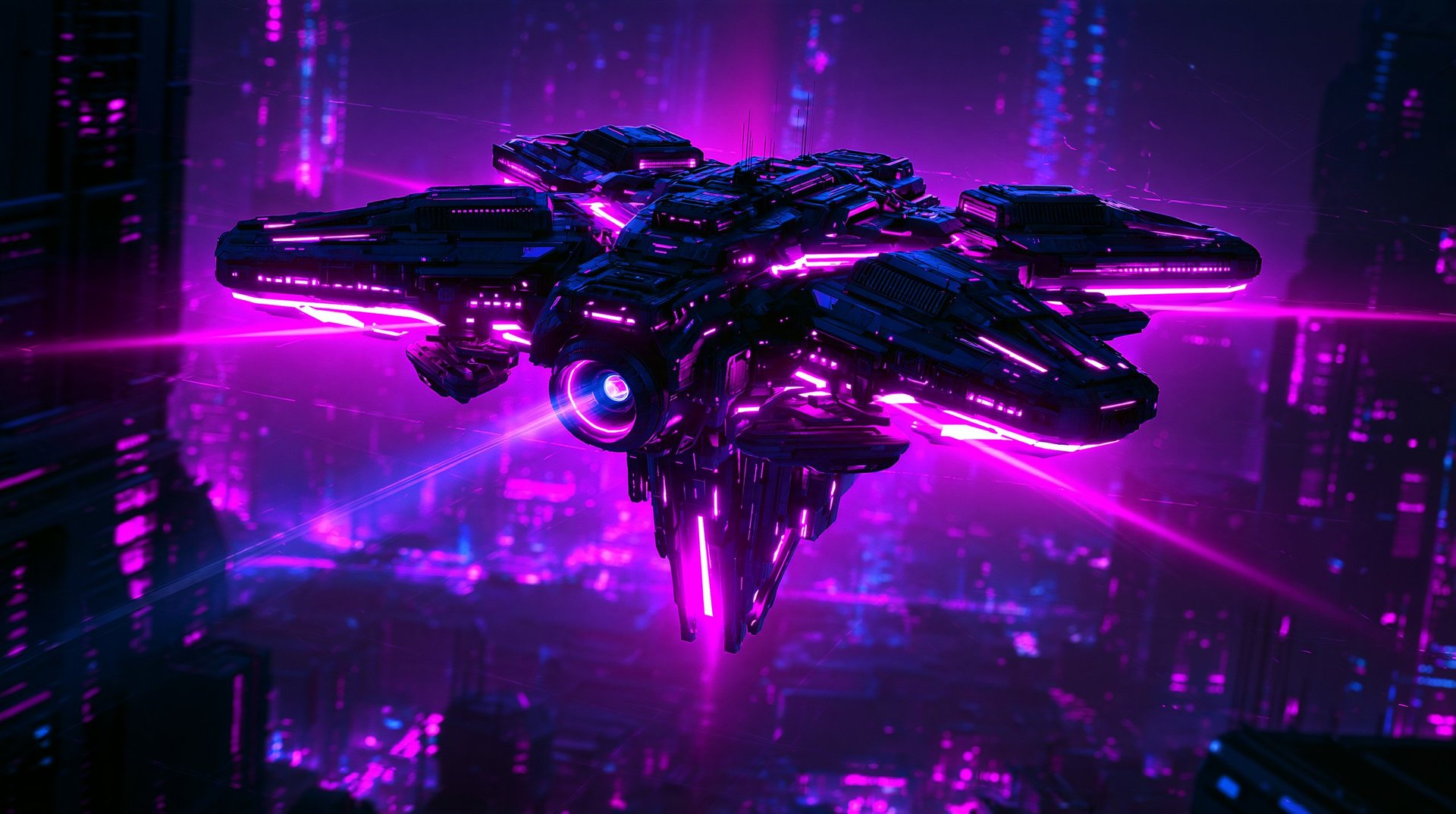 Futuristic spacecraft with neon pink and blue glowing lights hovering above a cyberpunk cityscape