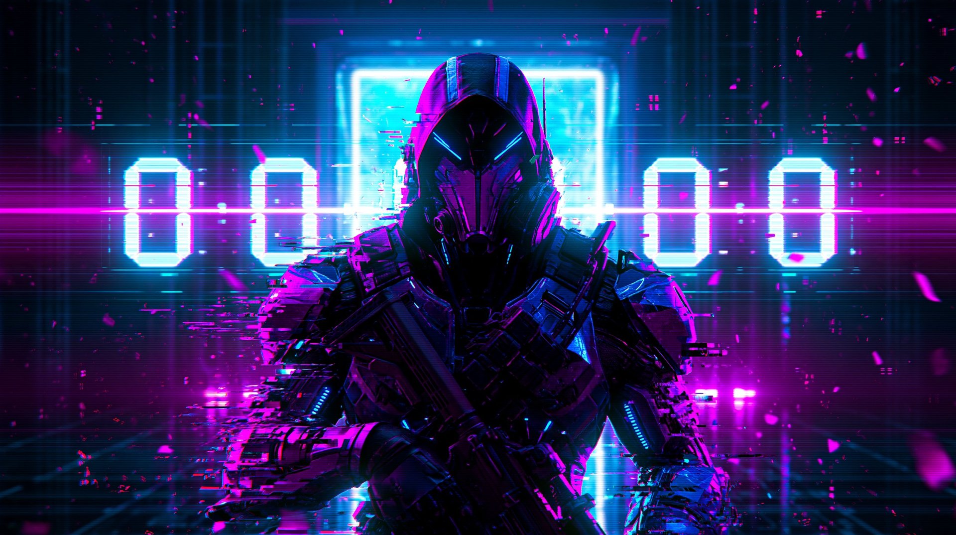 Cyberpunk figure in neon armor surrounded by glowing blue and purple digital effects and binary code displays