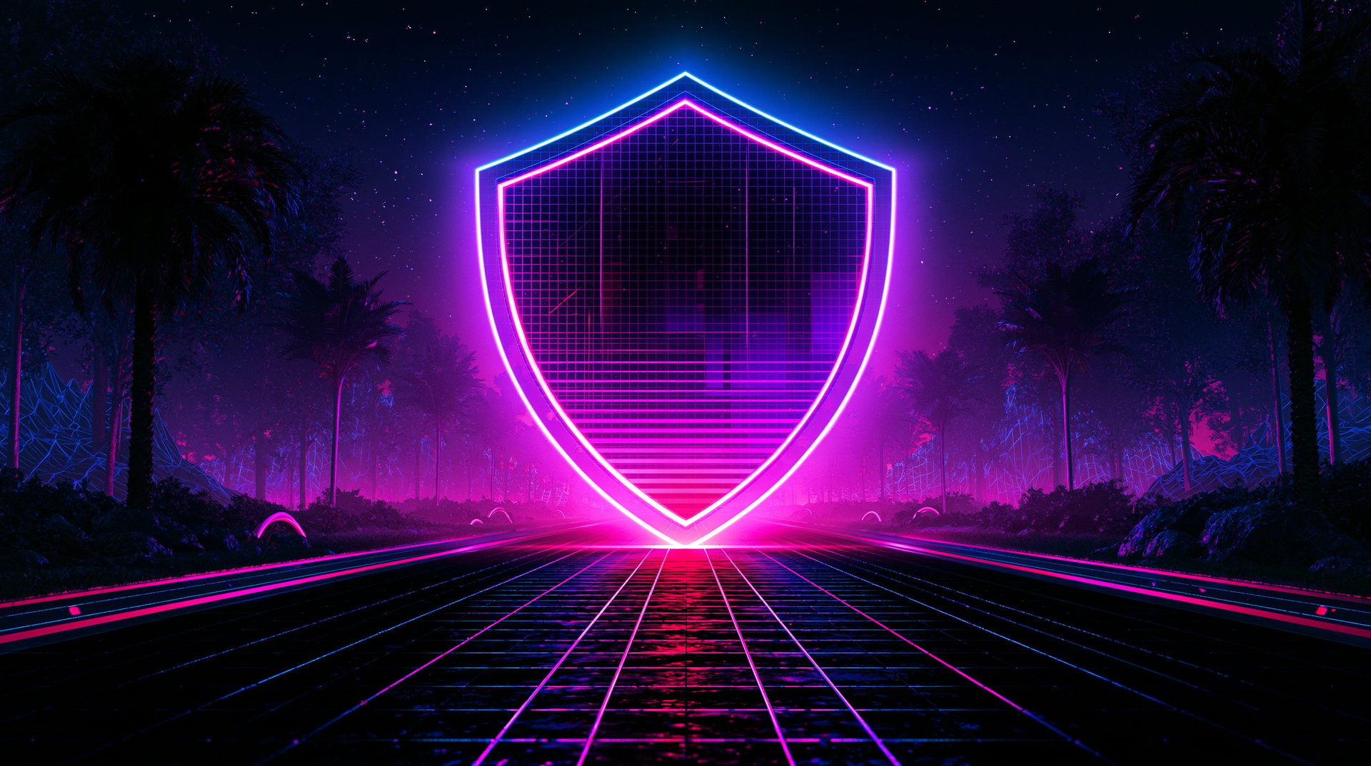 Neon shield icon glowing in magenta and blue, centered on a grid road with palm trees under a dark starry sky