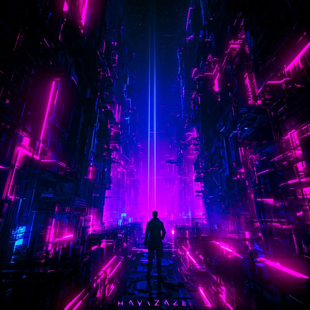 Silhouetted figure standing in a neon-lit cyberpunk cityscape with pink and blue vertical lights
