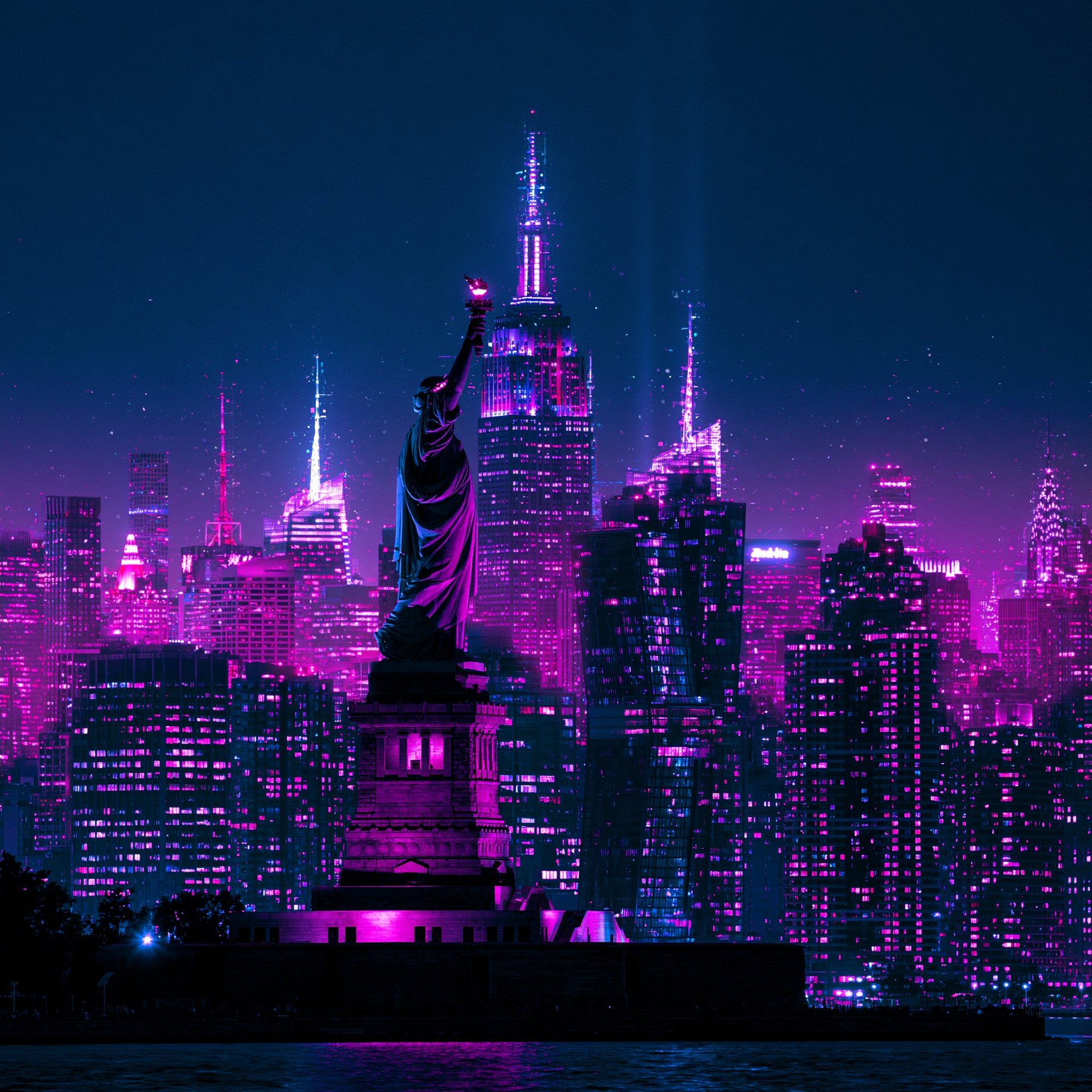 Statue of Liberty silhouetted against a neon-lit New York City skyline with purple and blue glowing skyscrapers at night.