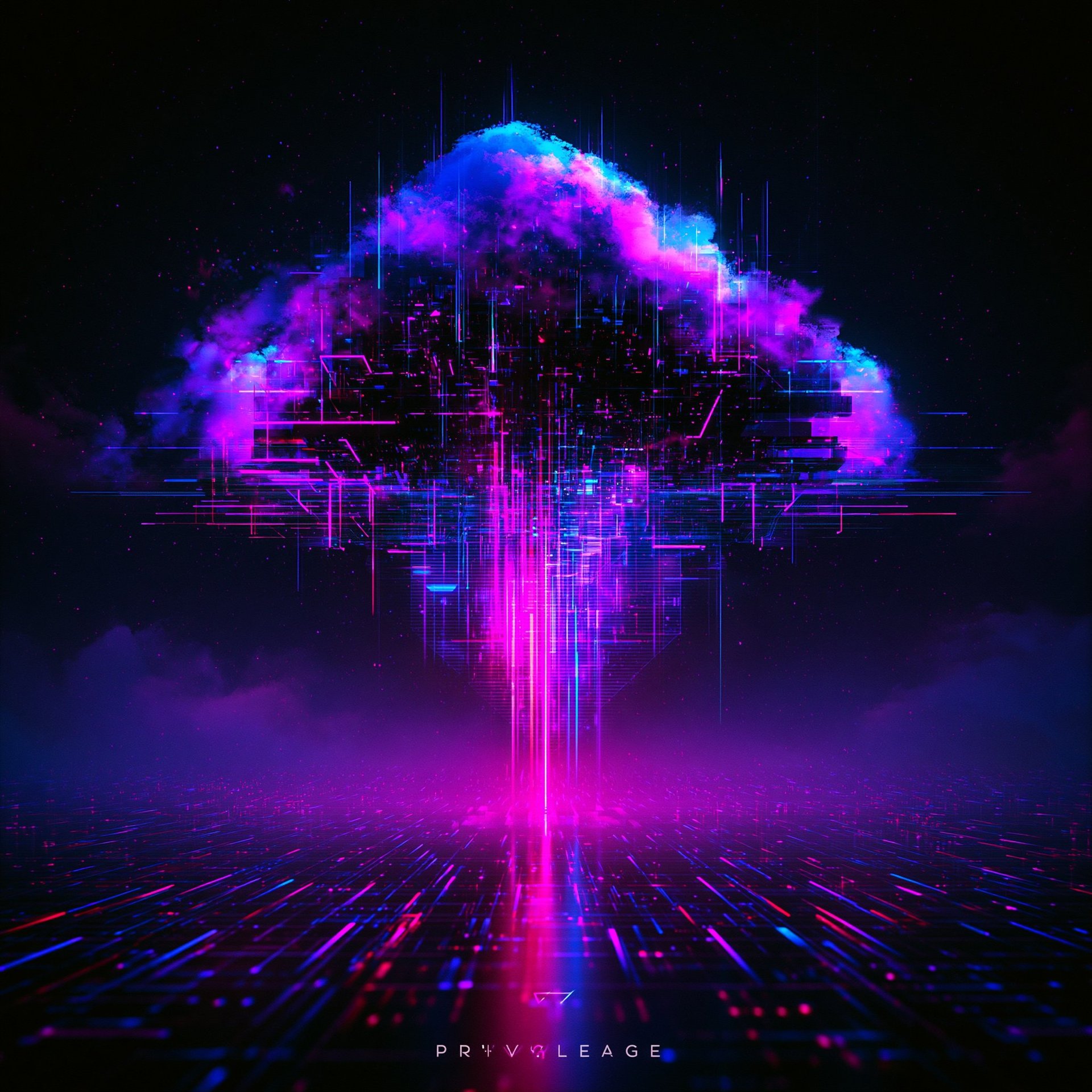Neon glowing brain cloud symbol with digital grid and magenta light rays in dark cyberspace environment