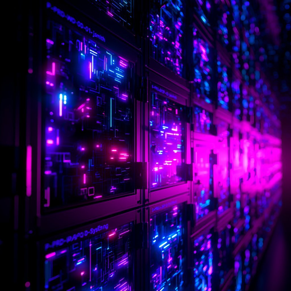 Neon-lit server room with glowing purple and blue lights illuminating computer equipment in the dark.