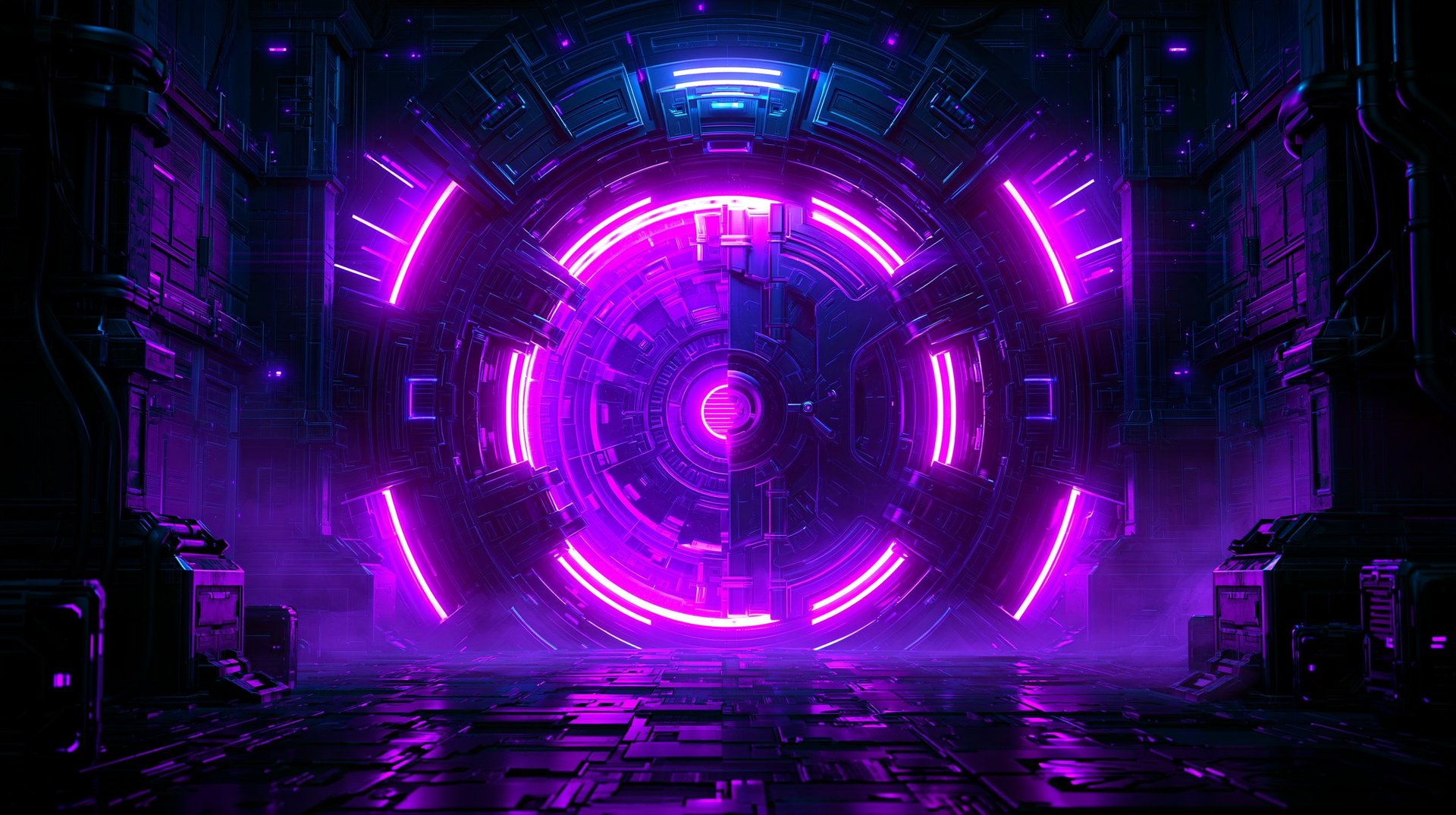 Futuristic neon tunnel with concentric purple and blue glowing circles and geometric patterns in a dark sci-fi environment