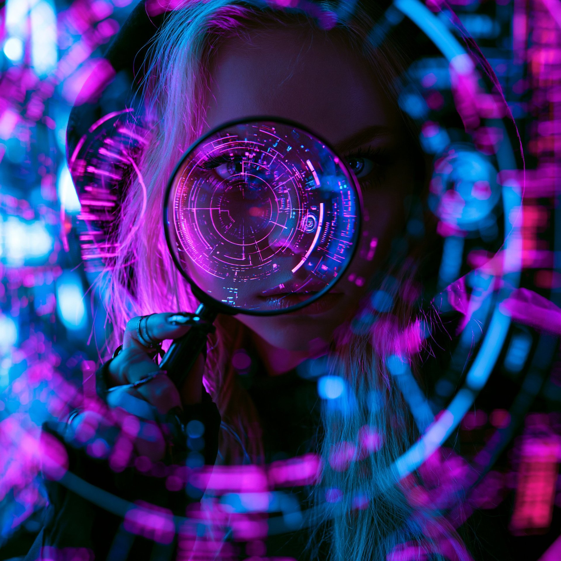 Futuristic portrait of a person with a glowing neon purple and blue circular holographic interface covering one eye, surrounded by vibrant digital effects