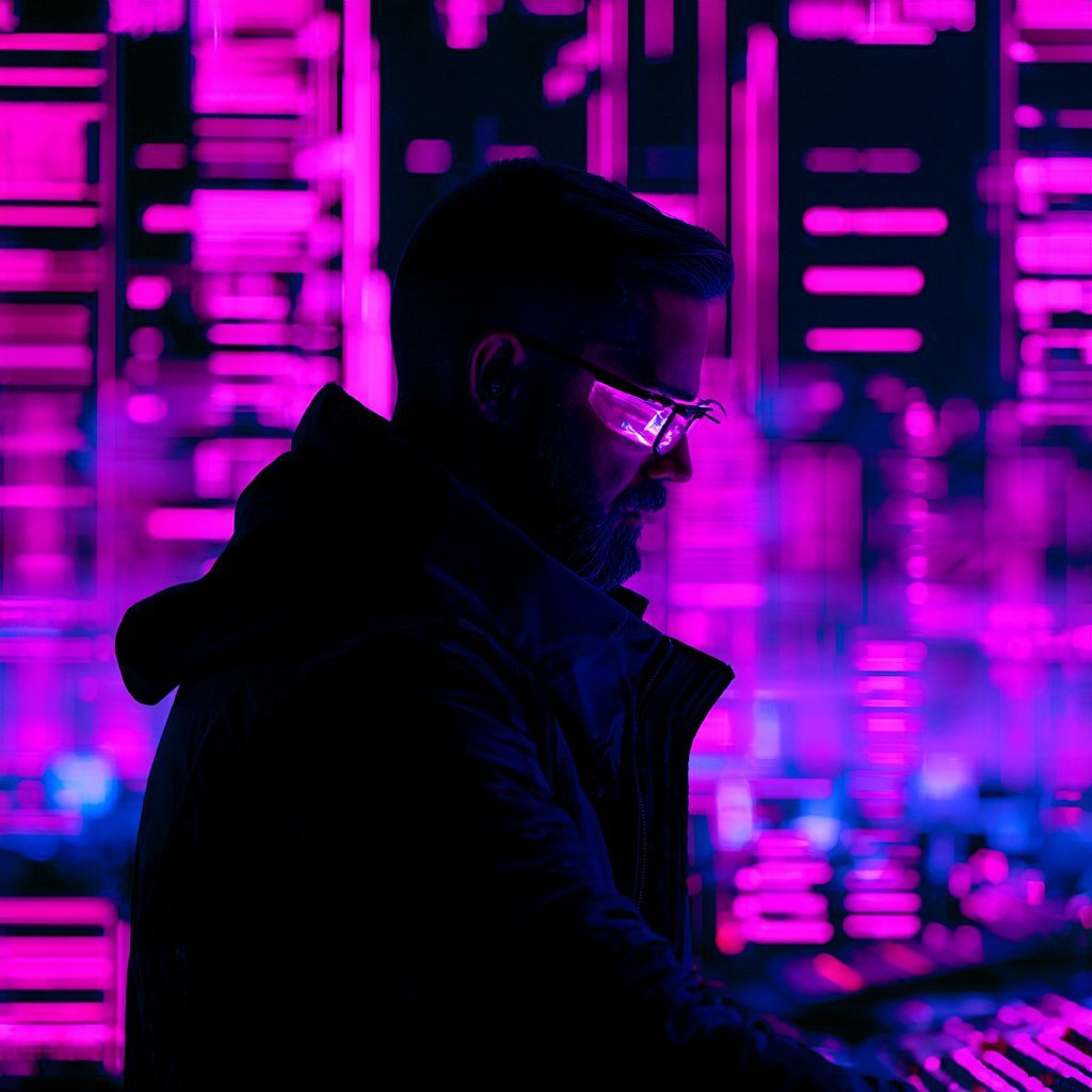 Silhouette of person wearing sunglasses against vibrant neon pink and blue digital background