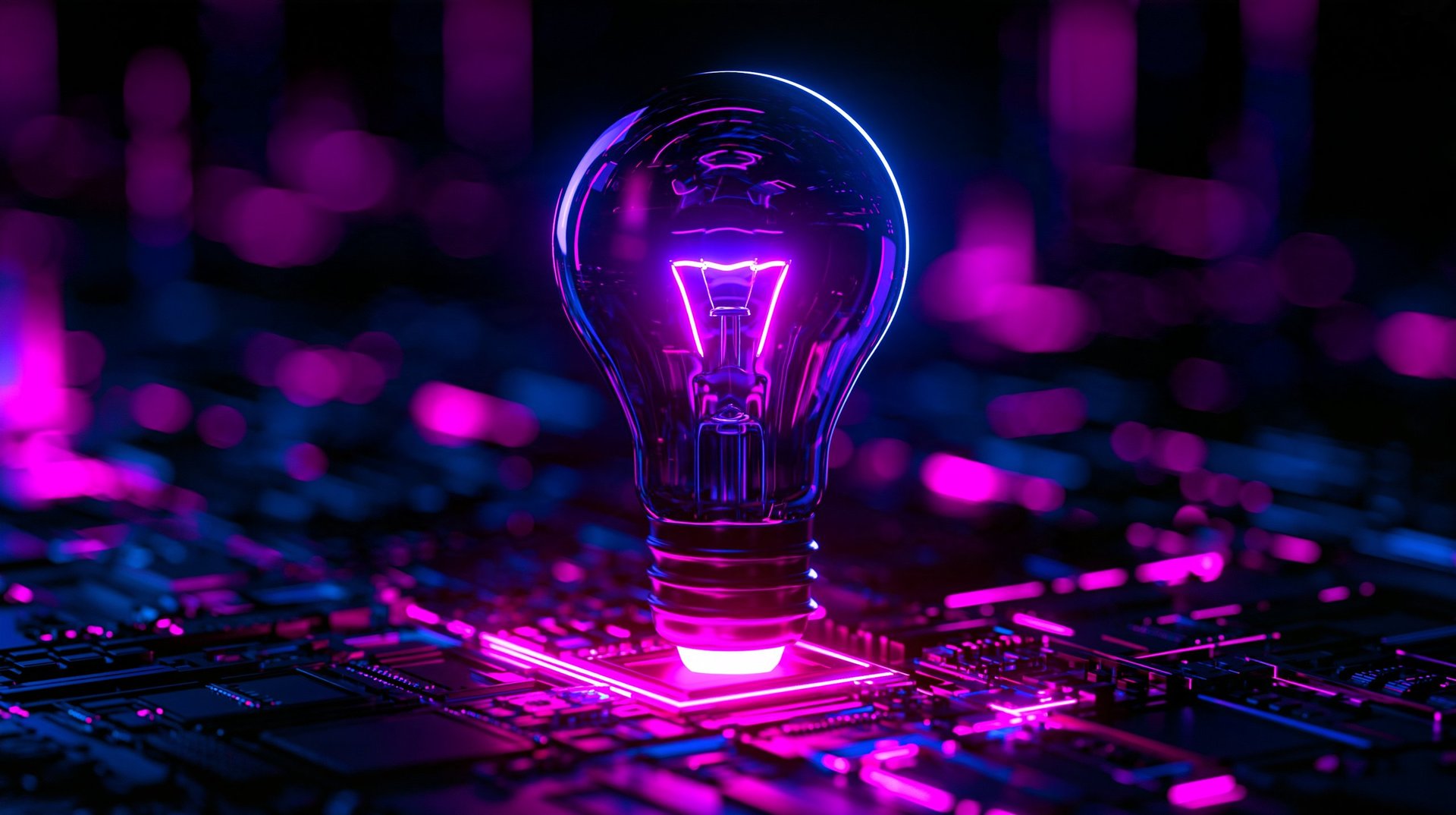 Glowing neon lightbulb with pink and blue illumination on a digital circuit board background