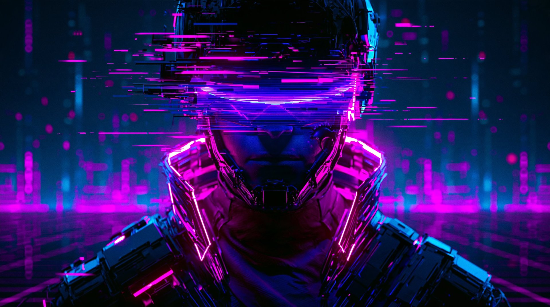 Futuristic cyberpunk character with glowing neon pink and blue helmet and visor in dark digital environment